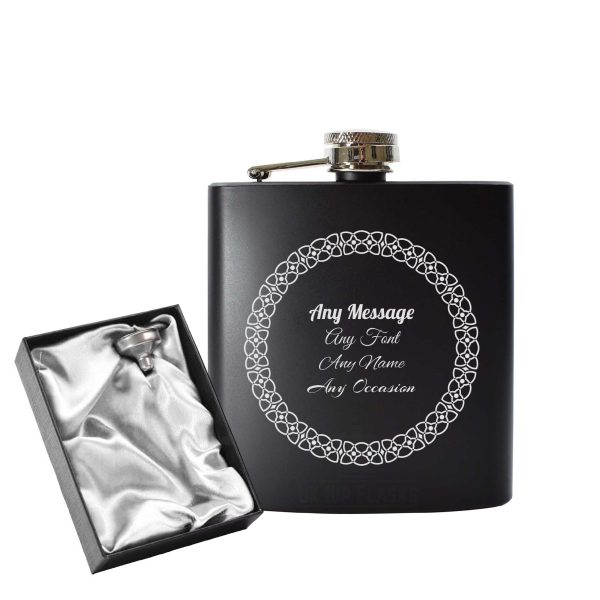 Engraved 6oz Black Hip flask with Circle border - Image 2