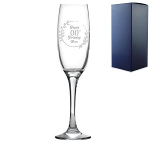 Engraved Champagne Flute Happy 20,30,40,50... Birthday Wreath