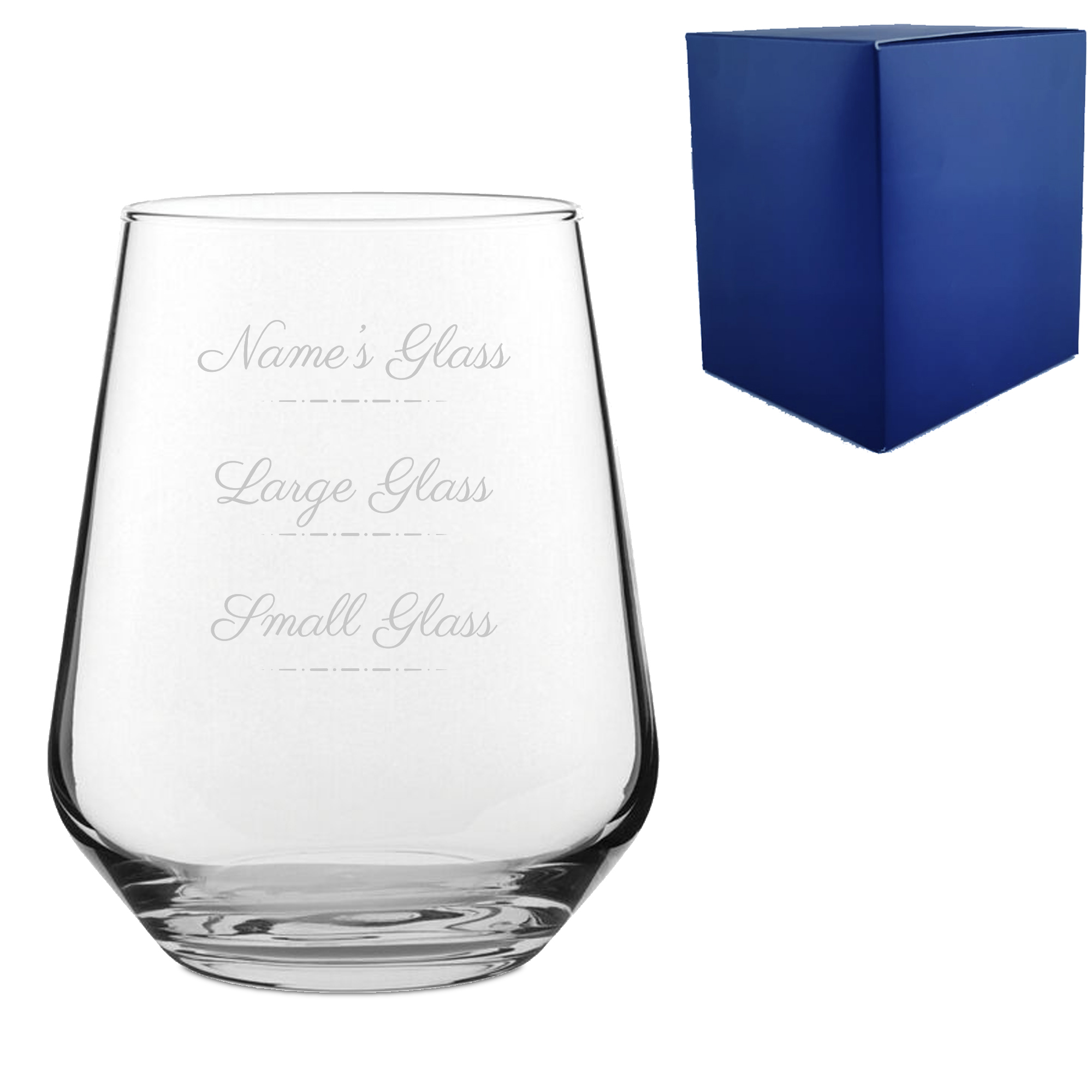 Personalised Engraved Stemless Allegra Wine Glass with Name's Glass Script Measurements Design, Customise with Any Name - Image 2