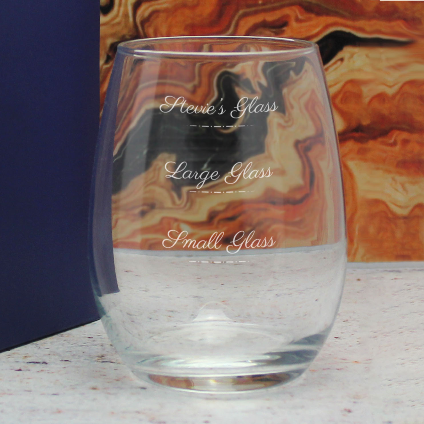 Personalised Engraved Stemless Amber Wine Glass with Name's Glass Script Measurements Design, Customise with Any Name - Image 4