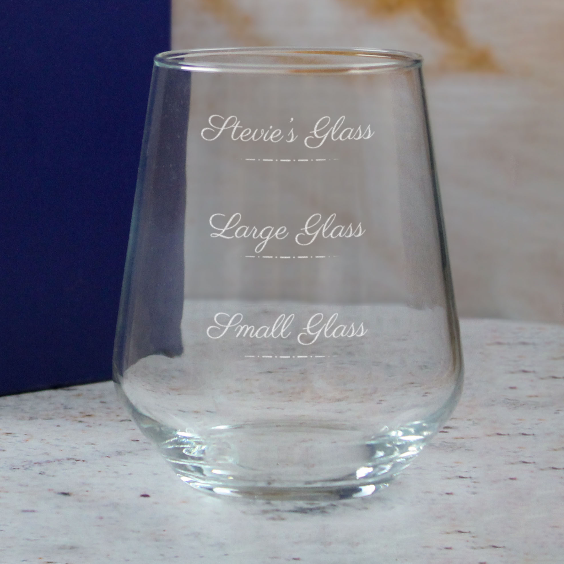 Personalised Engraved Stemless Allegra Wine Glass with Name's Glass Script Measurements Design, Customise with Any Name - Image 4