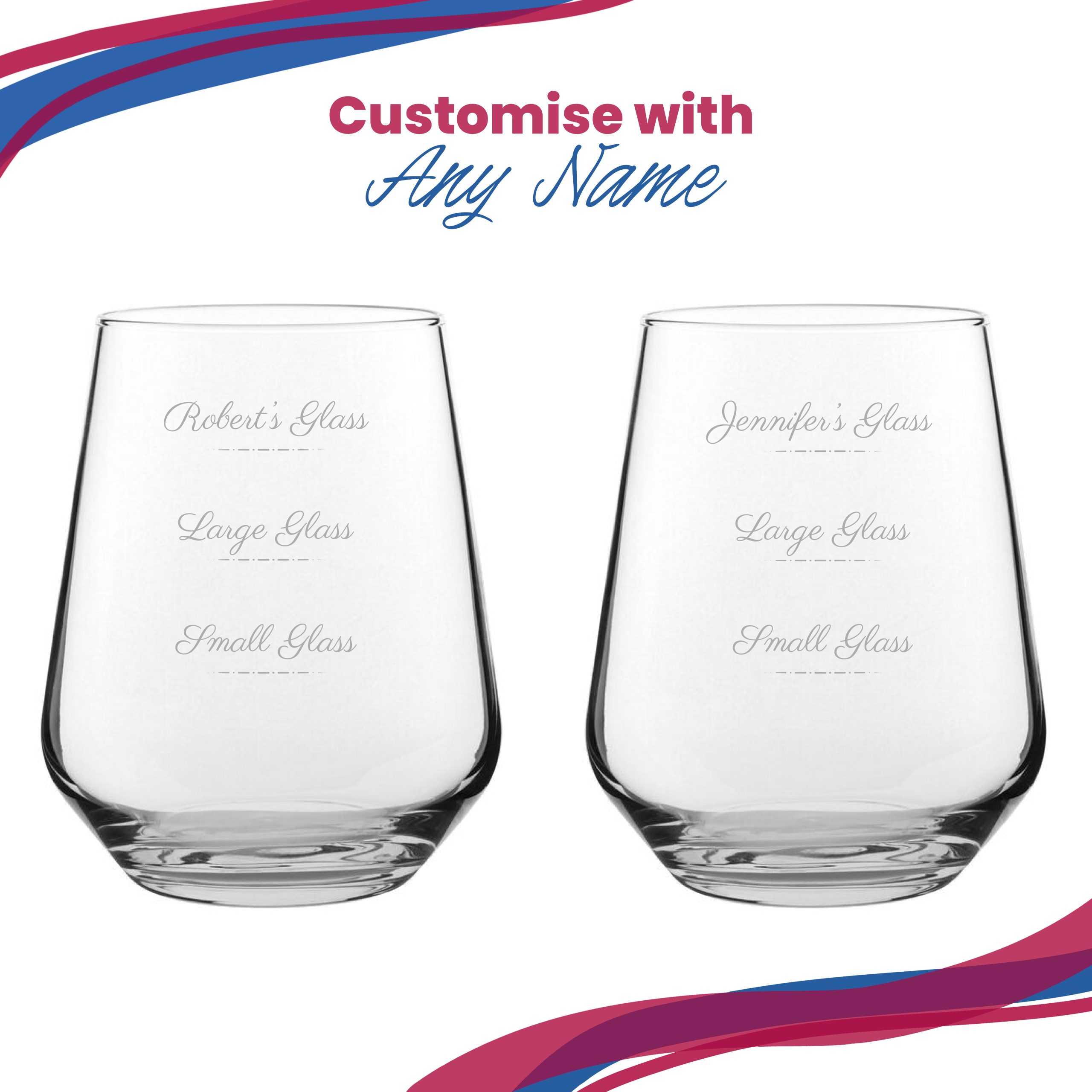 Personalised Engraved Stemless Allegra Wine Glass with Name's Glass Script Measurements Design, Customise with Any Name - Image 5