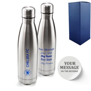 Official Printed Chelsea Thermal Bottle Silver, Personalise Any Message, Gift Boxed
