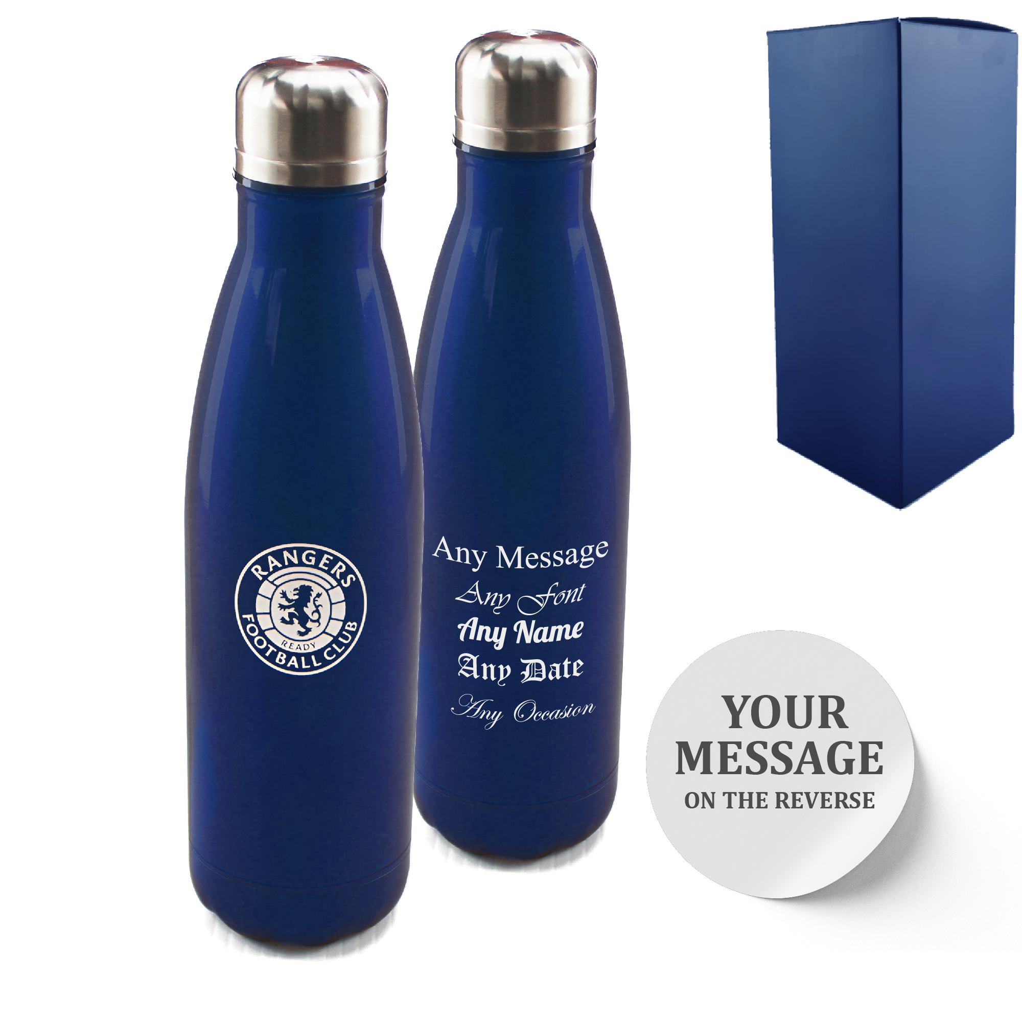 Official Printed Rangers Thermal Bottle Painted, Personalise Any Message, Gift Boxed