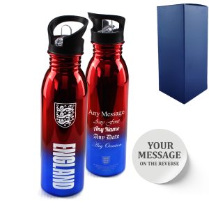 Official Printed England Metallic Water Bottle, Personalise Any Message, Gift Boxed