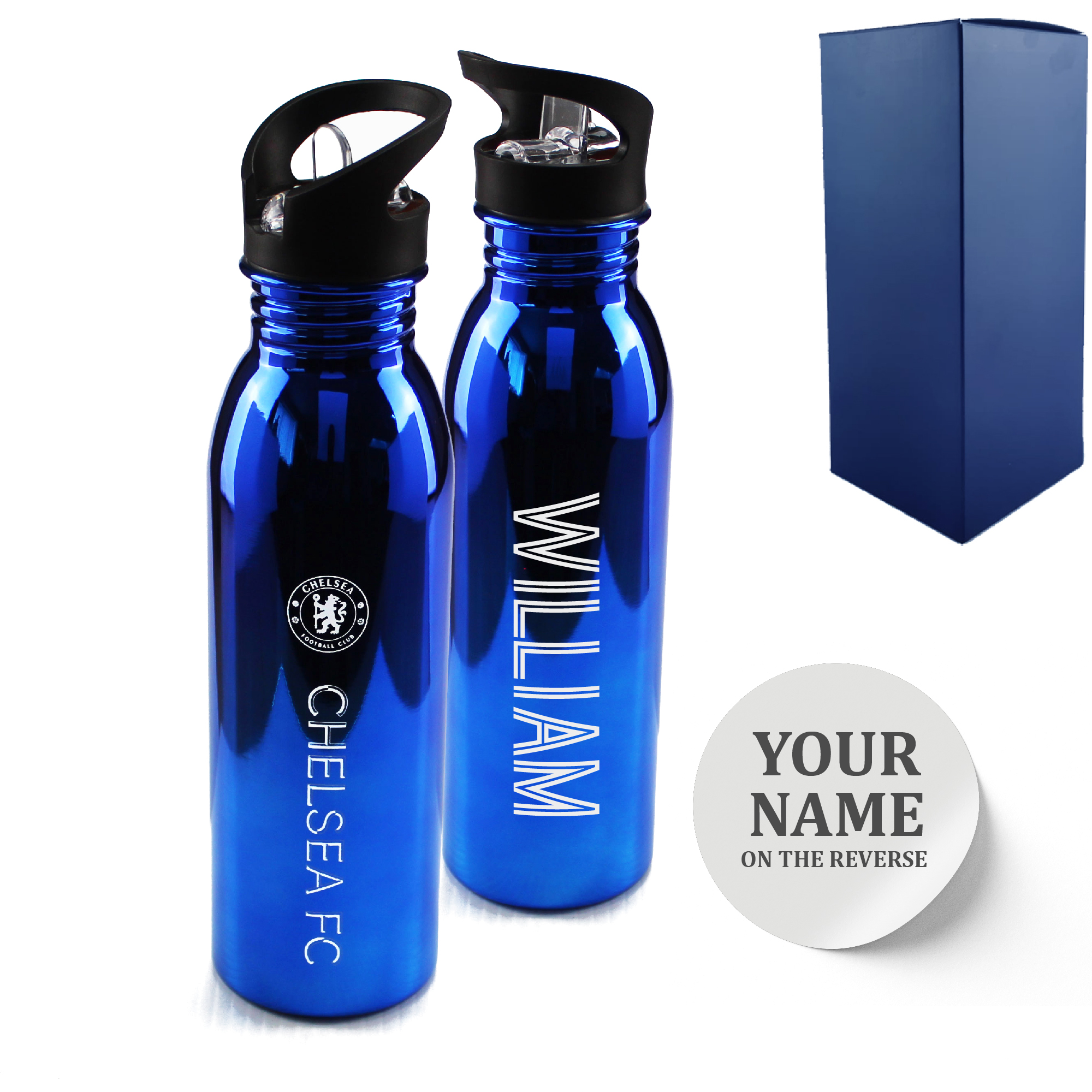 Official Printed Chelsea Metallic Water Bottle, Personalise Any Name, Gift Boxed