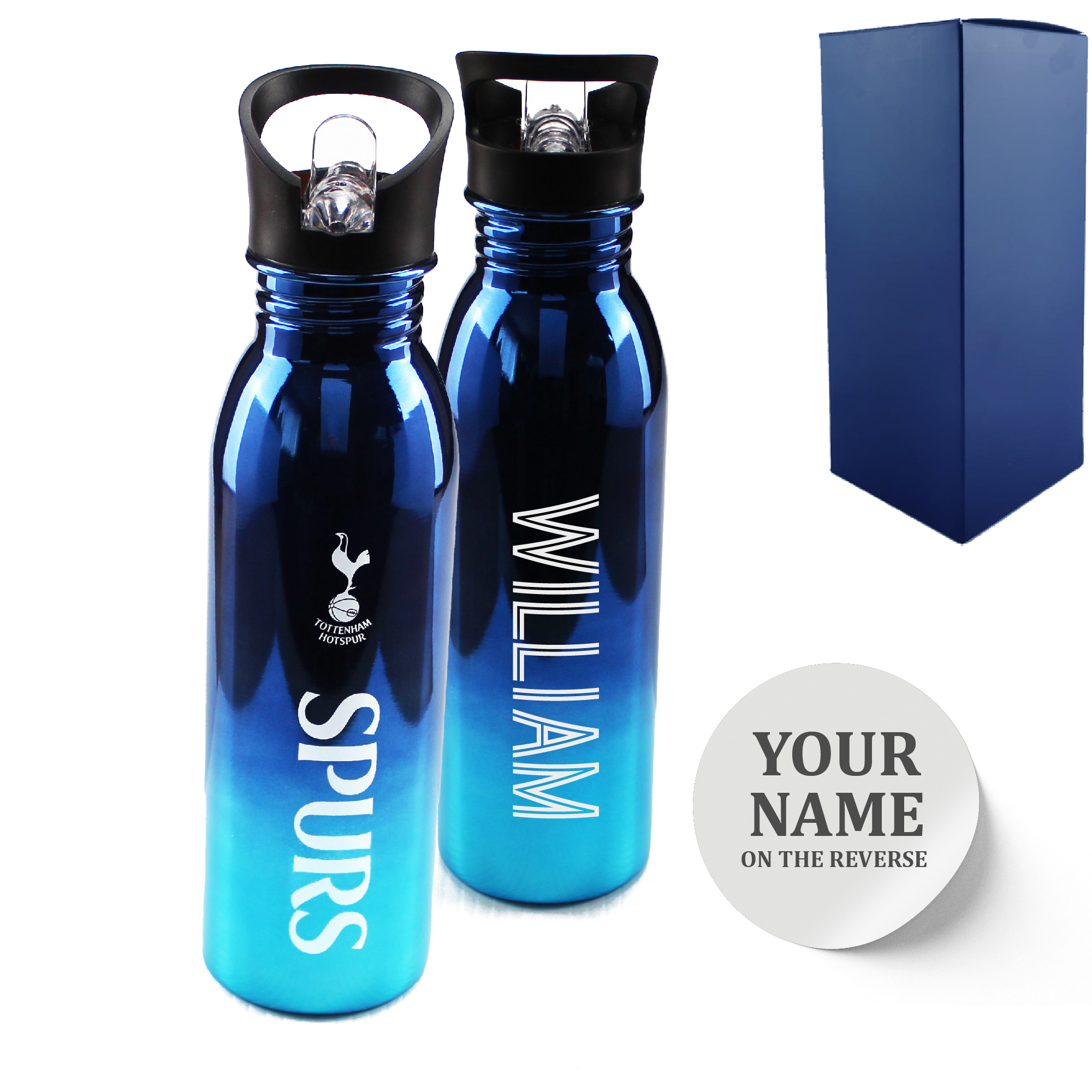Official Printed Tottenham Metallic Water Bottle, Personalise Any Name, Gift Boxed