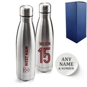 Official Printed West Ham Thermal Bottle Silver, Personalise Name and Number, Gift Boxed