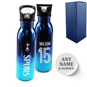 Official Printed Tottenham Metallic Water Bottle, Personalise Name and Number, Gift Boxed