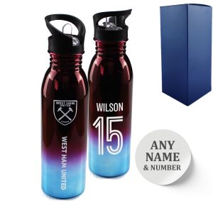 Official Printed West Ham Metallic Water Bottle, Personalise Name and Number, Gift Boxed