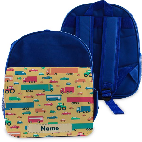 Printed Kids Blue Backpack with Vehicle Design, Customise with Any Name - Image 2