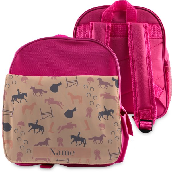 Printed Kids Pink Backpack with Horse Riding Design, Customise with Any Name - Image 2