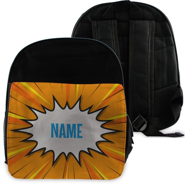 Printed Kids Black Backpack with Comic Book Superhero Design, Customise with Any Name - Image 2
