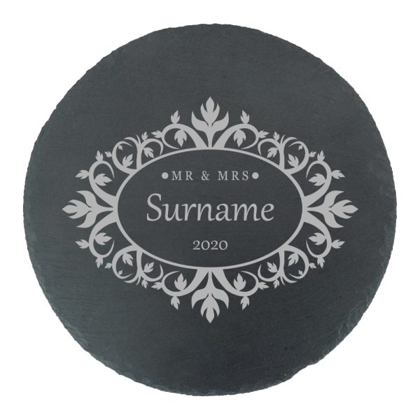 Engraved Round Slate Cheeseboard with Mr and Mrs Design - Image 2