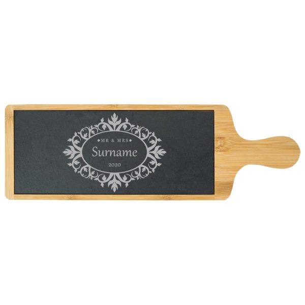 Engraved Bamboo and Slate Cheeseboard with Mr and Mrs Design - Image 2
