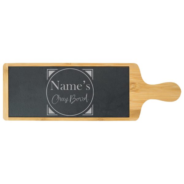 Engraved Bamboo and Slate Cheeseboard with Name's Cheeseboard with Circle Design - Image 2
