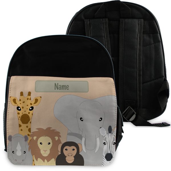 Printed Kids Black Backpack with Safari Animals Design, Customise with Any Name - Image 3