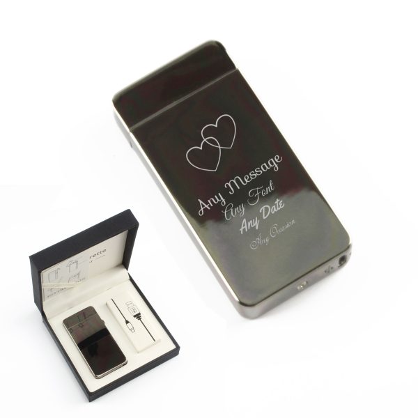 Engraved Electric Arc Lighter, Black, Overlapping Hearts - Image 3