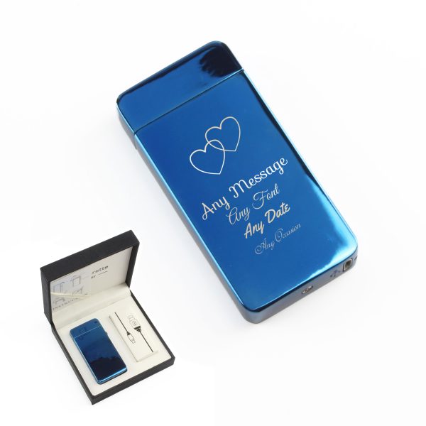 Engraved Electric Arc Lighter, Blue, Overlapping Hearts - Image 3