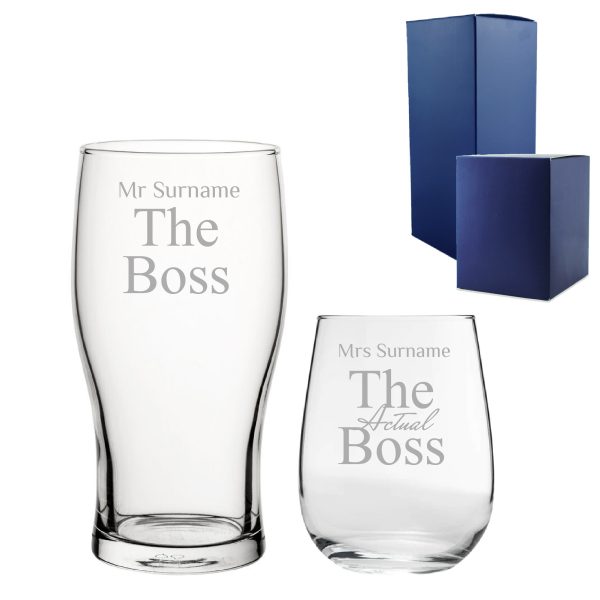 Engraved His and Hers Beer and Stemless Wine Set, The Actual Boss - Image 3