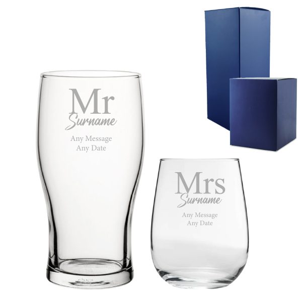 Engraved Mr and Mrs Beer and Stemless Wine Set, Classic Font - Image 3