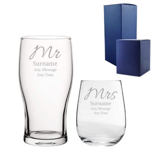 Engraved Mr and Mrs Beer and Stemless Wine Set, Elegant Font - Image 3