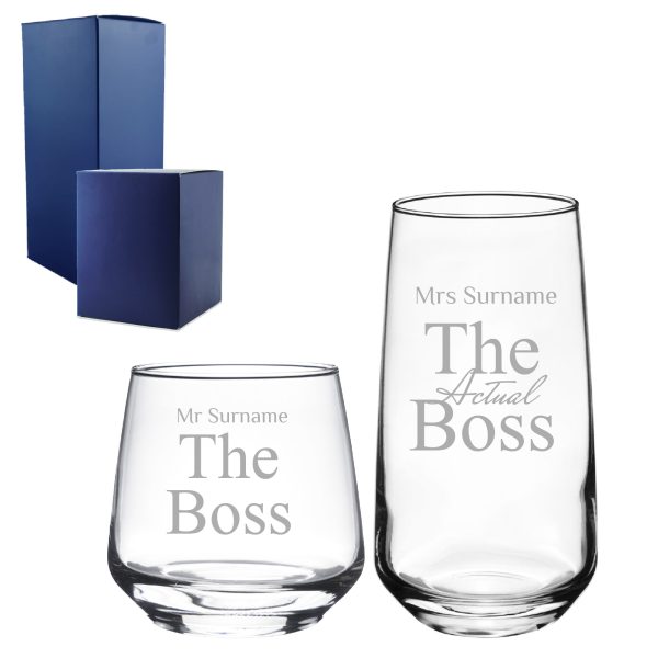 Engraved His and Hers Whisky and Cocktail Set, The Actual Boss - Image 3