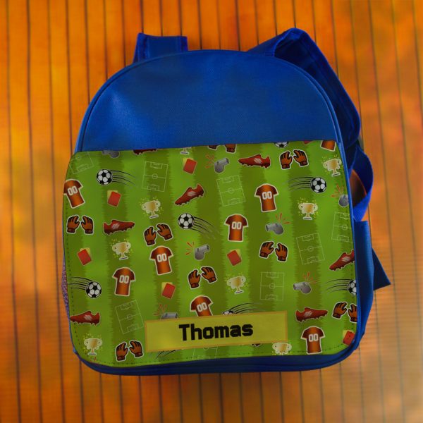 Printed Kids Blue Backpack with Football Pitch Design, Customise with Any Name - Image 4