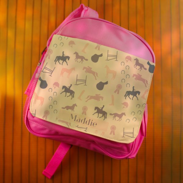 Printed Kids Pink Backpack with Horse Riding Design, Customise with Any Name - Image 4