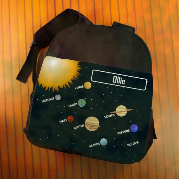Printed Kids Black Backpack with Solar System Design, Customise with Any Name - Image 4