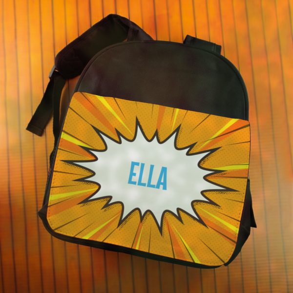 Printed Kids Black Backpack with Comic Book Superhero Design, Customise with Any Name - Image 4
