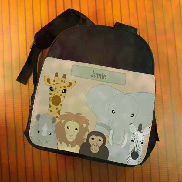 Printed Kids Black Backpack with Safari Animals Design, Customise with Any Name - Image 4