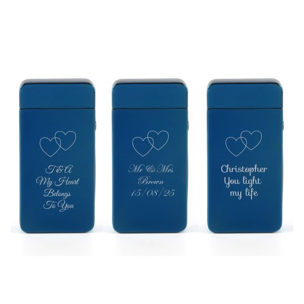 Engraved Electric Arc Lighter, Blue, Overlapping Hearts - Image 4