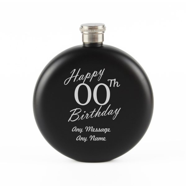 Engraved 5oz Round Black Hip Flask Happy Custom Number Birthday - Image 4