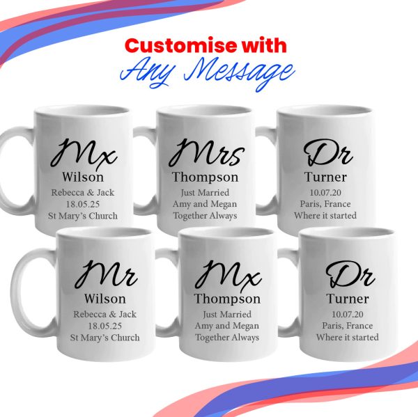 Gender Neutral Wedding Mug Set, Mx and Mx Elegant Font Design - Image 4