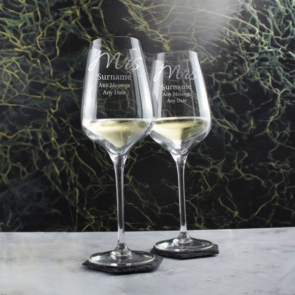 Engraved Mrs and Mrs Sublym Wine Glasses, 15.8oz/450ml, Elegant Font - Image 4