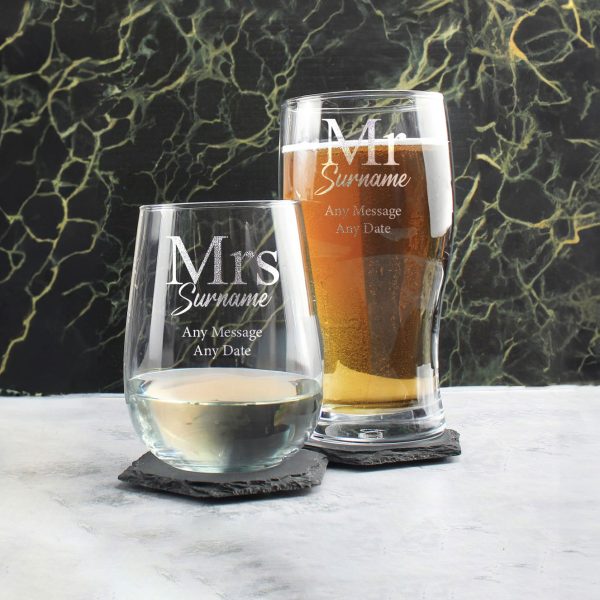 Engraved Mr and Mrs Beer and Stemless Wine Set, Classic Font - Image 4