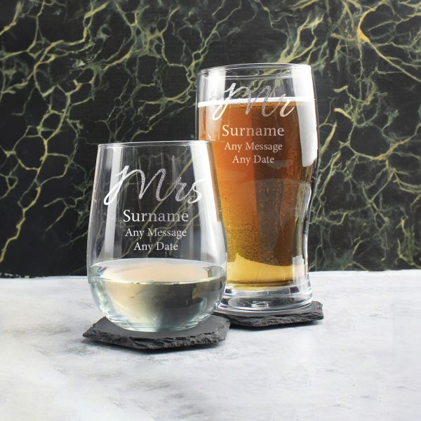 Engraved Mr and Mrs Beer and Stemless Wine Set, Elegant Font - Image 4
