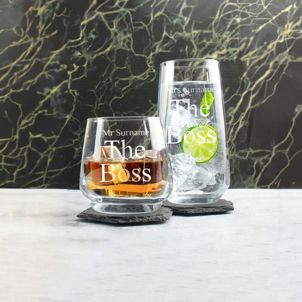 Engraved His and Hers Whisky and Cocktail Set, The Actual Boss - Image 4