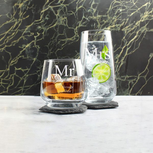 Engraved Mr and Mrs Whisky and Cocktail Set, Classic Font - Image 4