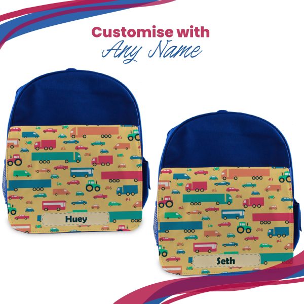 Printed Kids Blue Backpack with Vehicle Design, Customise with Any Name - Image 5