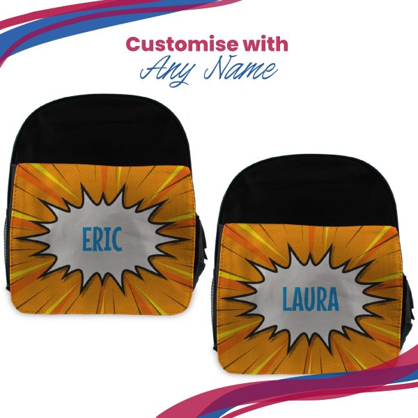 Printed Kids Black Backpack with Comic Book Superhero Design, Customise with Any Name - Image 5