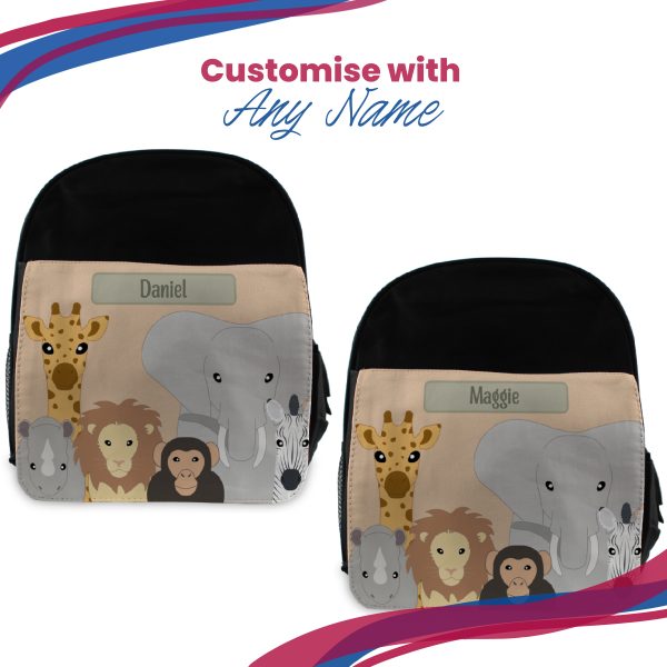 Printed Kids Black Backpack with Safari Animals Design, Customise with Any Name - Image 5