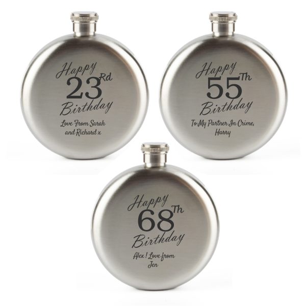 Engraved 5oz Round Steel Hip Flask Happy Custom Number Birthday - Image 5