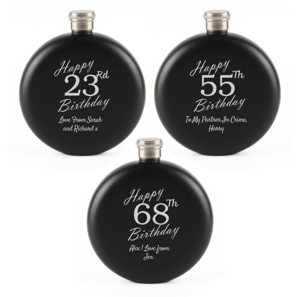 Engraved 5oz Round Black Hip Flask Happy Custom Number Birthday - Image 5