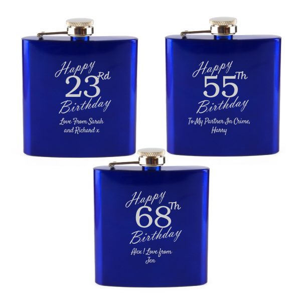 Engraved 6oz Blue Steel Hip Flask Happy Custom Number Birthday - Image 5
