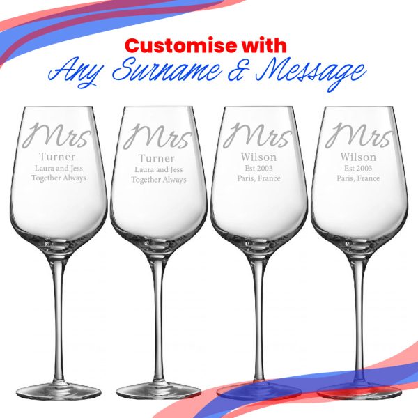 Engraved Mrs and Mrs Sublym Wine Glasses, 15.8oz/450ml, Elegant Font - Image 5