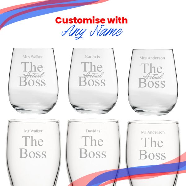 Engraved His and Hers Beer and Stemless Wine Set, The Actual Boss - Image 5