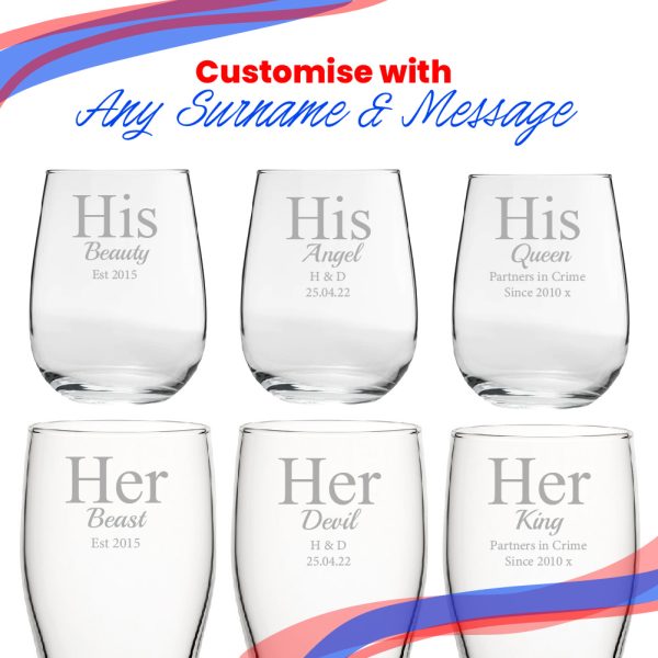 Engraved His and Hers Any Text Beer and Stemless Wine Glass Set - Image 5
