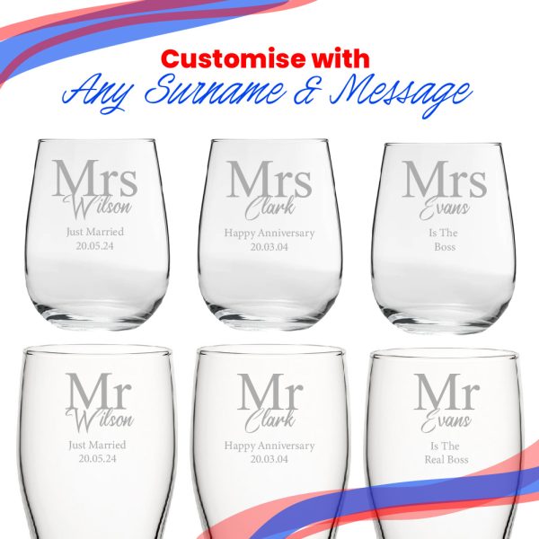 Engraved Mr and Mrs Beer and Stemless Wine Set, Classic Font - Image 5
